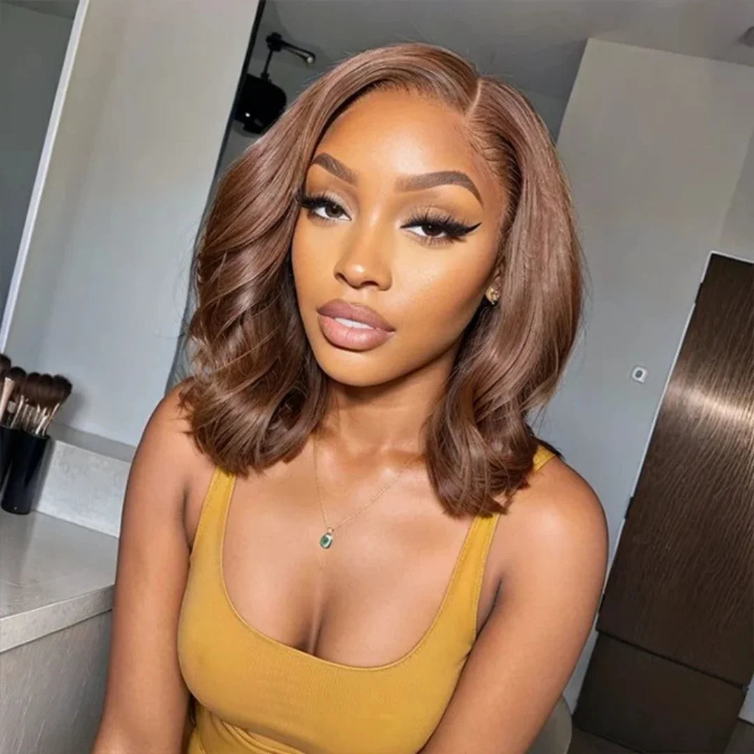 #4 Chocolate Brown 9x6 Lace Closure Bob Wig Human Hair Glueless Brown Natural Bob Short Water Wave Lace Front Wigs 300% Density
