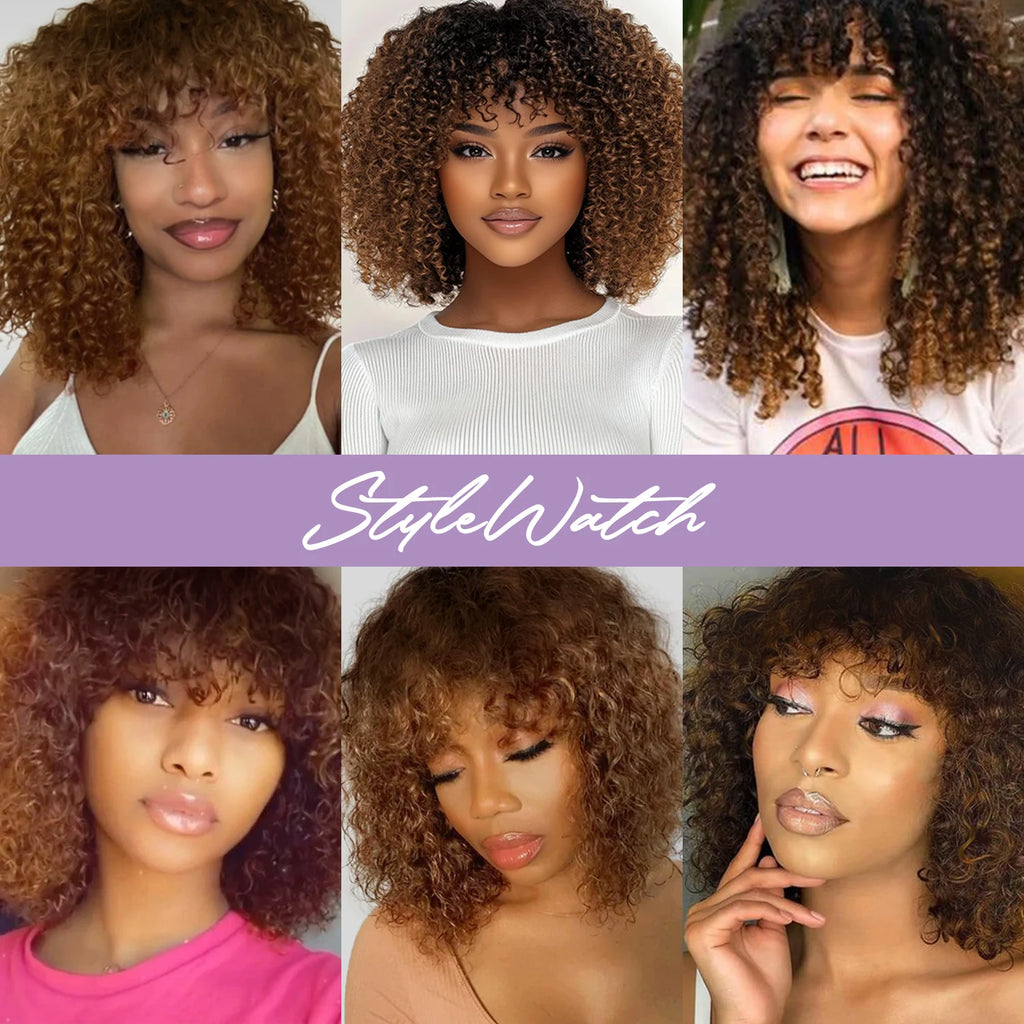 UpScale 100% Human Hair HD 5×5 Glueless wig Bohemian Curls Wigs with Bang 10"