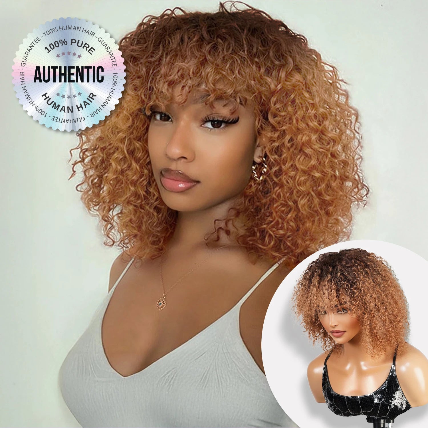 UpScale 100% Human Hair HD 5×5 Glueless wig Bohemian Curls Wigs with Bang 10"