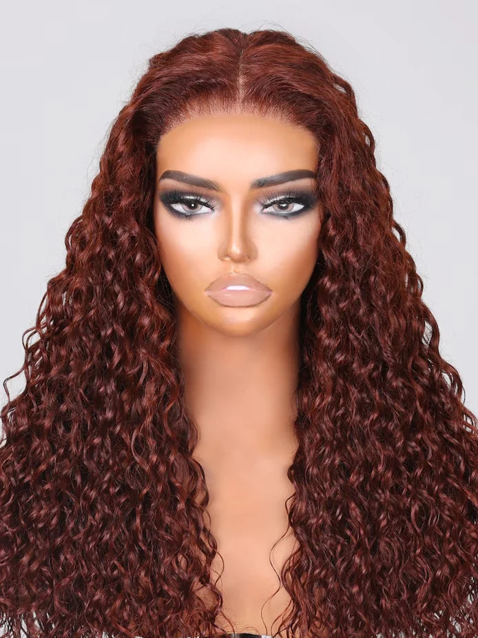 13x4 HD Lace Frontal Wig 40 Inch Brazilian Deep Wave Glueless Lace Wig in Dark Reddish Brown with 7x5 Closure Human Hair Wig