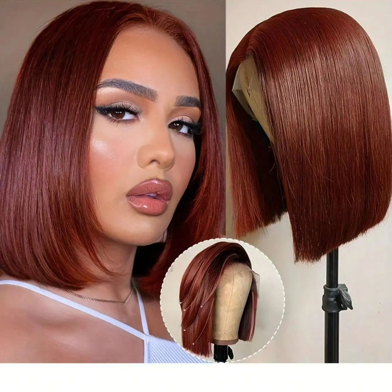 Reddish Brown Bob Wig Human Hair Full Lace 13x4 Full Lace Frontal Wigs Short Auburn Wig 33# Color Glueless Wigs Human Hair