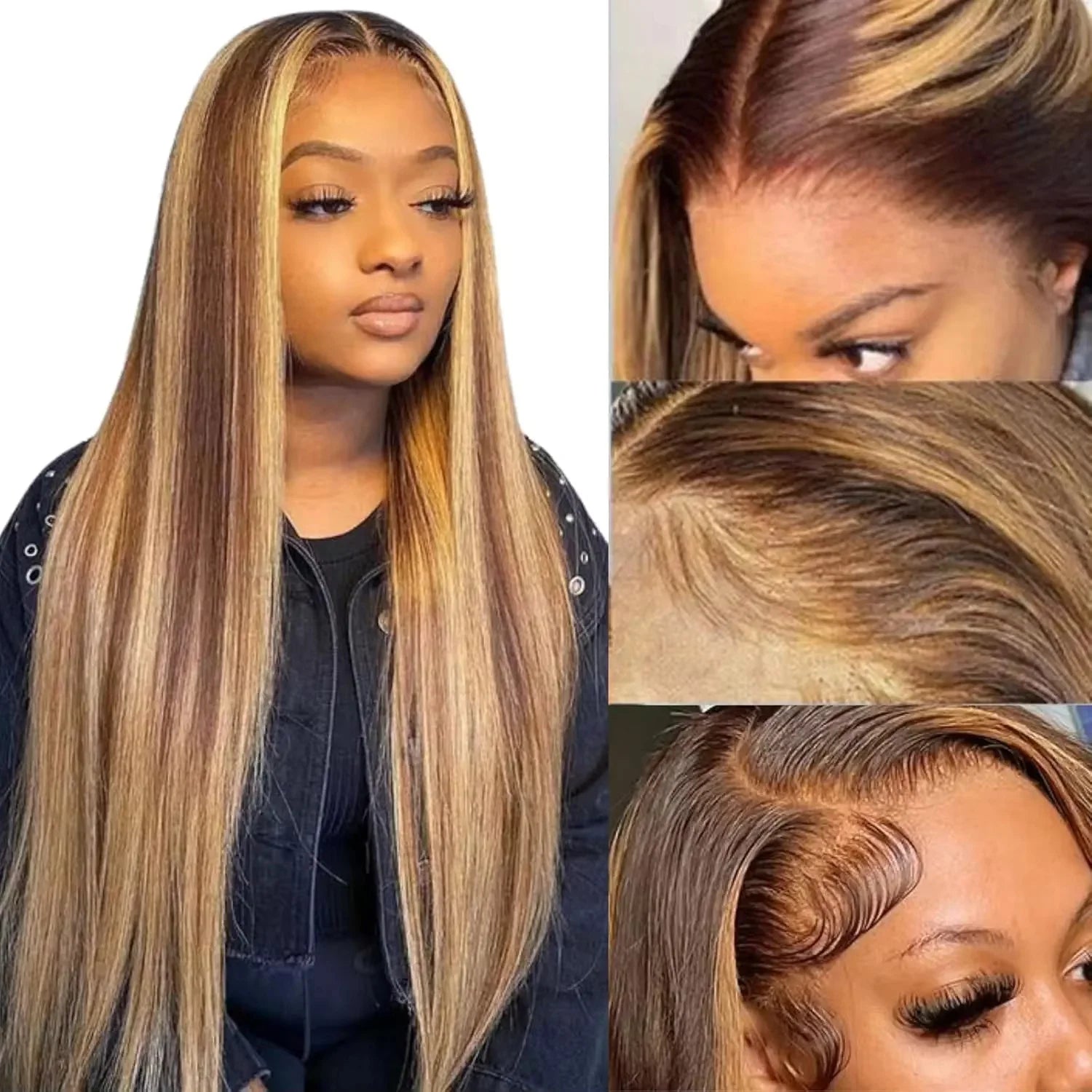 Wear and Go 4/27 Blonde Ombre Lace Front Wig Human Hair 13x4 HD Lace Wig 180% Density Straight Ombre Highlight Lace Front Wig