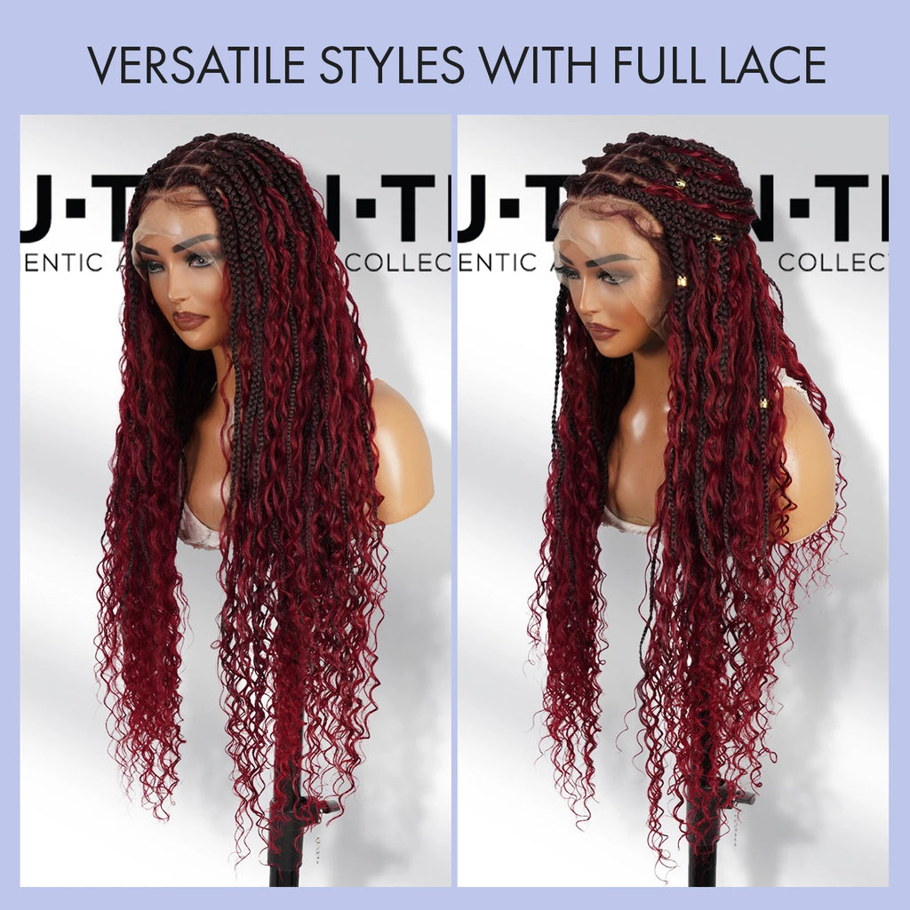 Authentic Glueless Full Lace Braided Wig Medium Knotless Boho Box Braid Deep Twist 32" BW Unit3