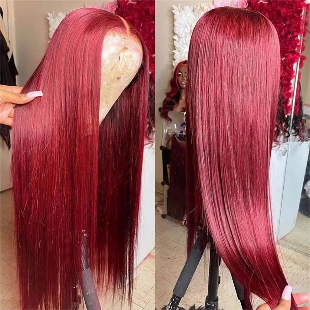 99J Glueless Wig Human Hair Burgundy Straight Brazilian Red Colored Wigs 30 40 Inch HD Transparent Pre plucked Cheap For Women