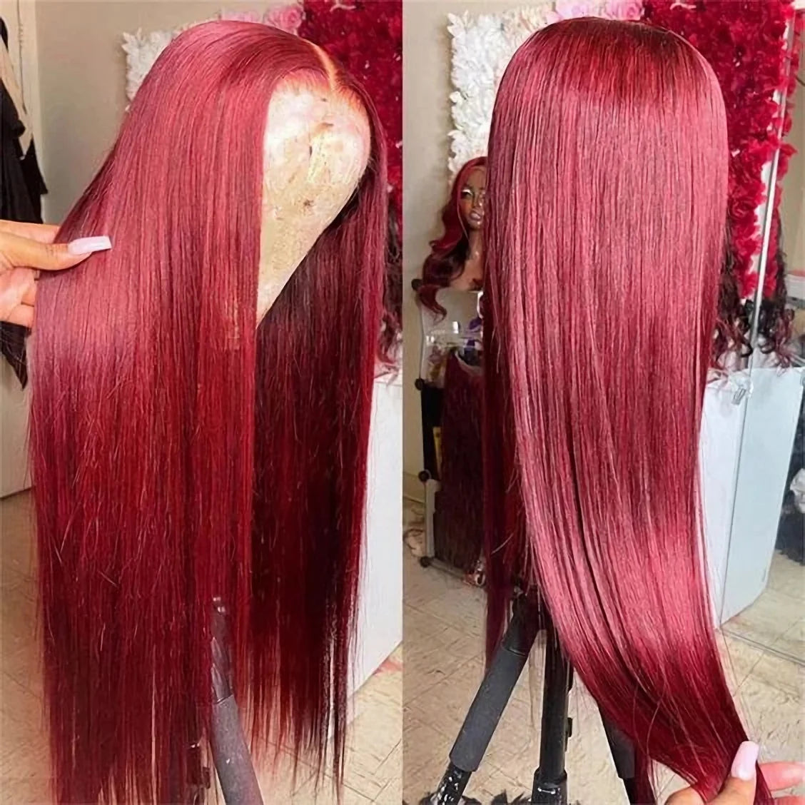 99J Glueless Wig Human Hair Burgundy Straight Brazilian Red Colored Wigs 30 40 Inch HD Transparent Pre plucked Cheap For Women