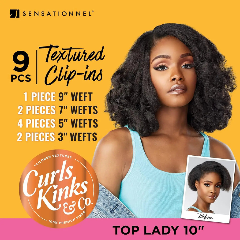 Sensationnel Textured Clip-Ins Weave Curls Kinks N Co Top Lady (Boss Lady) 10"(9Pcs) - Extensions, Easy to install, Kinky Hair