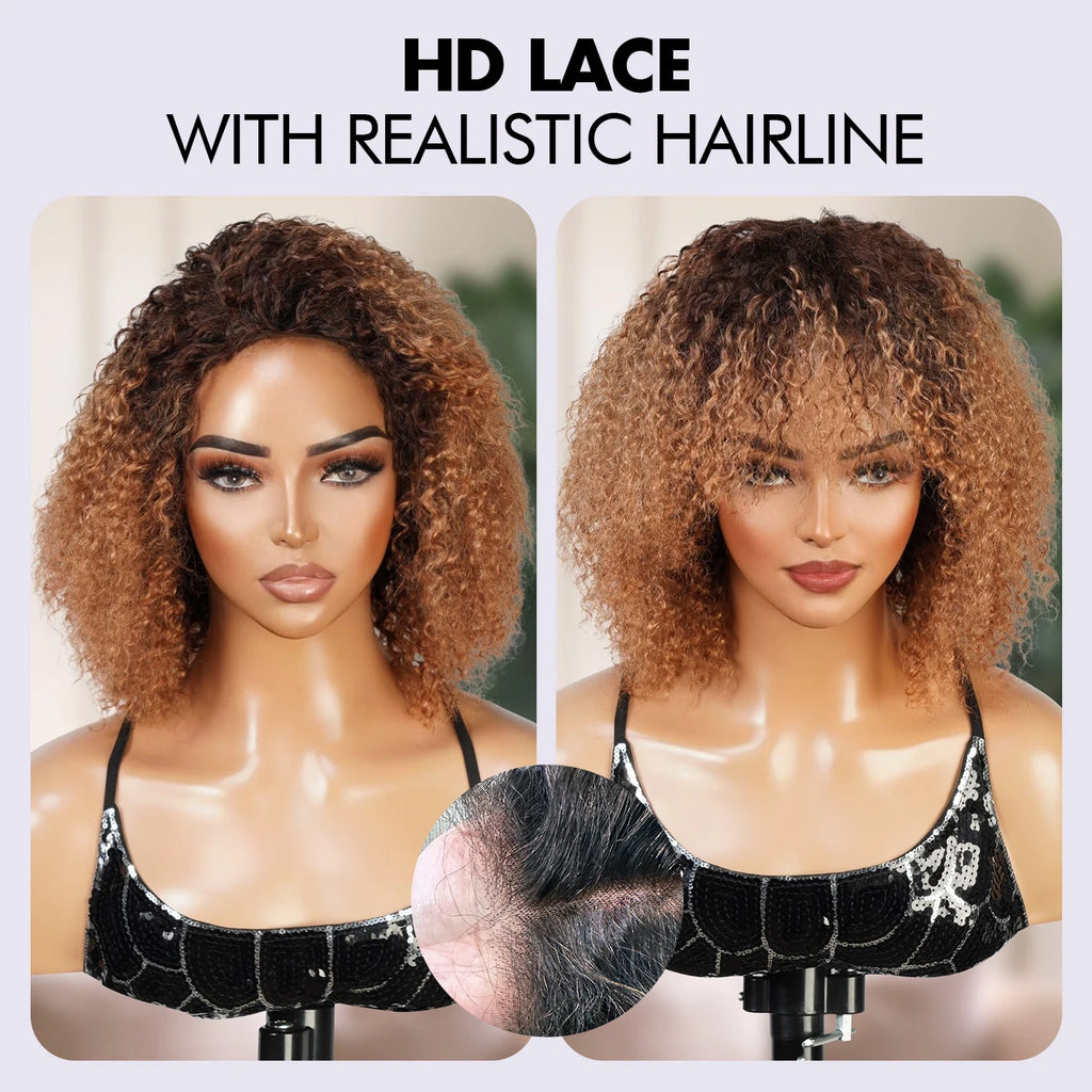 UpScale 100% Human Hair HD 5×5 Glueless wig Bohemian Curls Wigs with Bang 10"