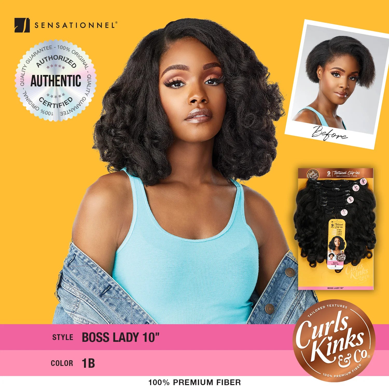 Sensationnel Textured Clip-Ins Weave Curls Kinks N Co Top Lady (Boss Lady) 10"(9Pcs) - Extensions, Easy to install, Kinky Hair