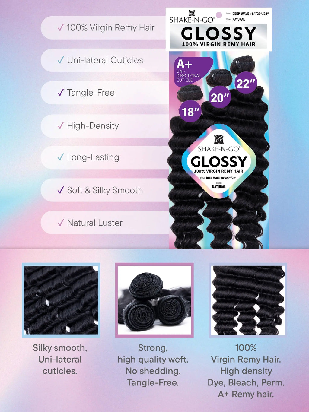 Shake-N-Go Glossy Virgin Remy Hair Weave 3 Bundles Deep Wave – Natural Shine, Full Volume, Soft Texture, Easy Styling