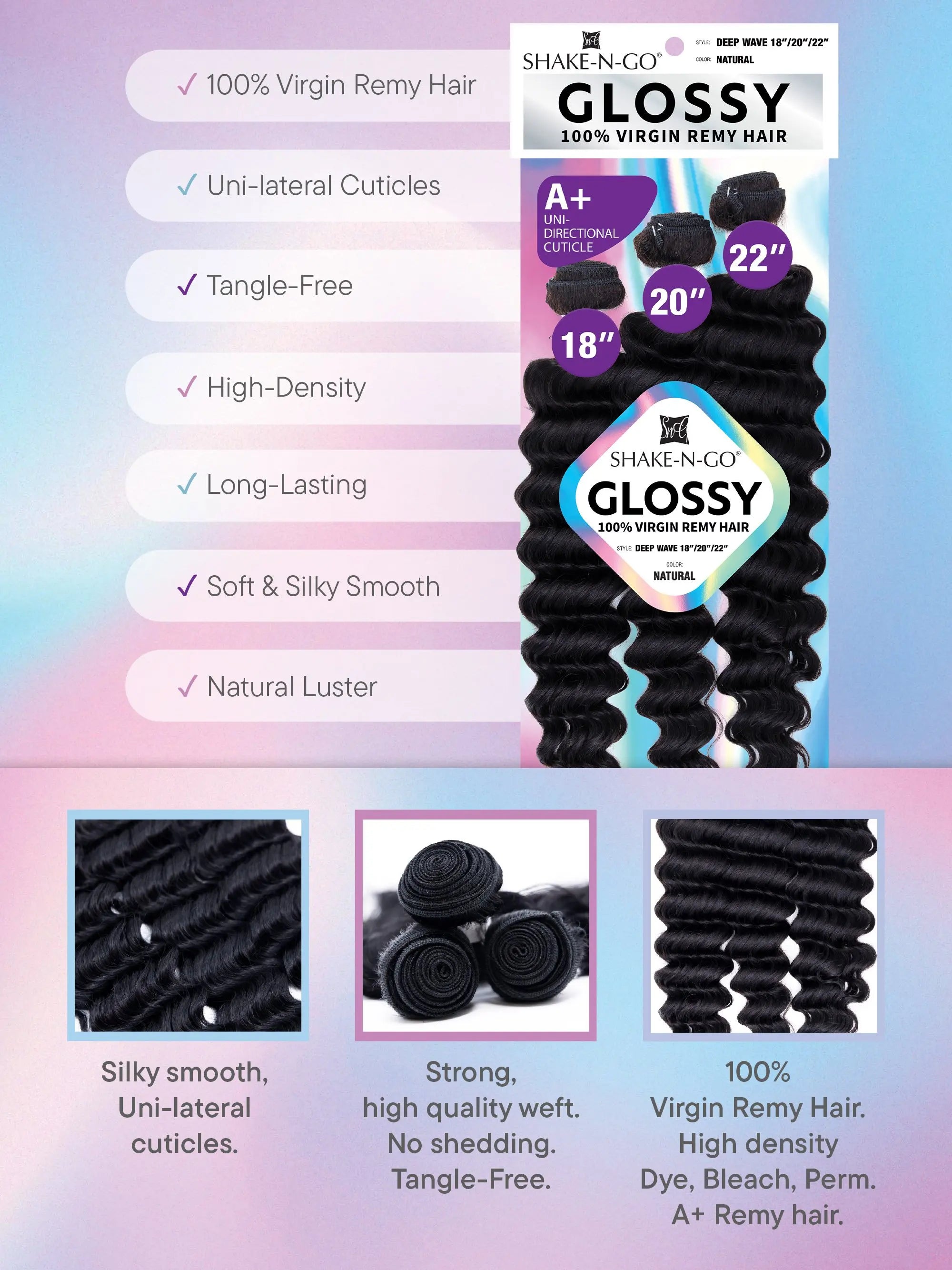 Shake-N-Go Glossy Virgin Remy Hair Weave 3 Bundles Deep Wave – Natural Shine, Full Volume, Soft Texture, Easy Styling