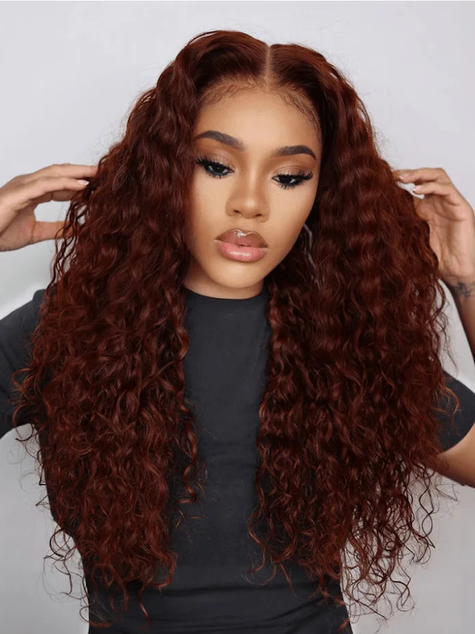 13x4 HD Lace Frontal Wig 40 Inch Brazilian Deep Wave Glueless Lace Wig in Dark Reddish Brown with 7x5 Closure Human Hair Wig