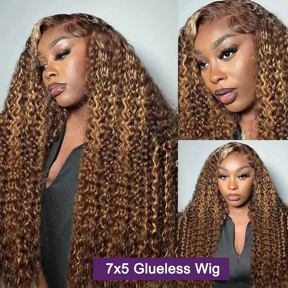 Curly Deep Wave Highlight Wigs Pre-cut Glueless 7x5 Lace Wig 4/27 Highlight Lace Front Wigs 100% Human Hair For Black Women