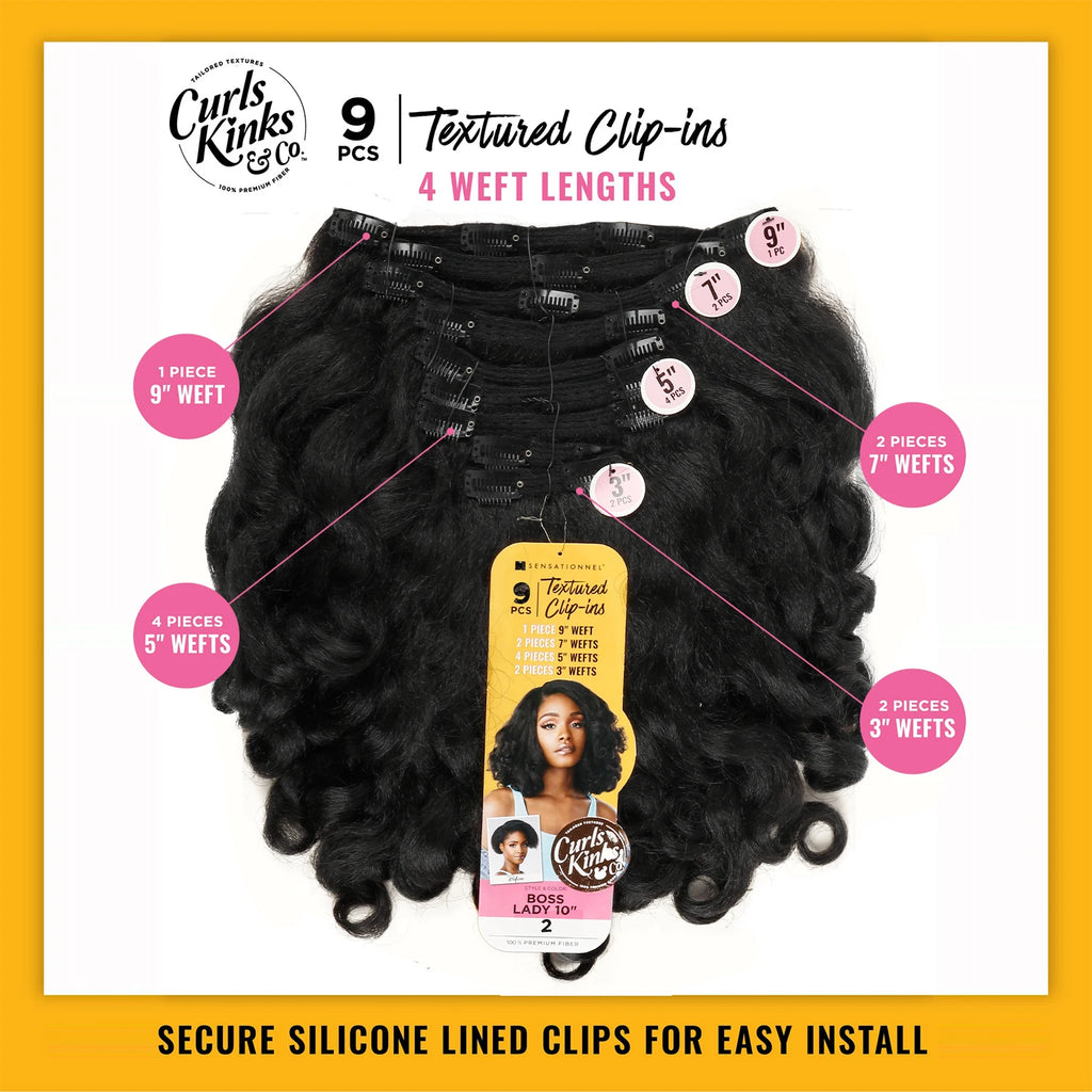 Sensationnel Textured Clip-Ins Weave Curls Kinks N Co Top Lady (Boss Lady) 10"(9Pcs) - Extensions, Easy to install, Kinky Hair