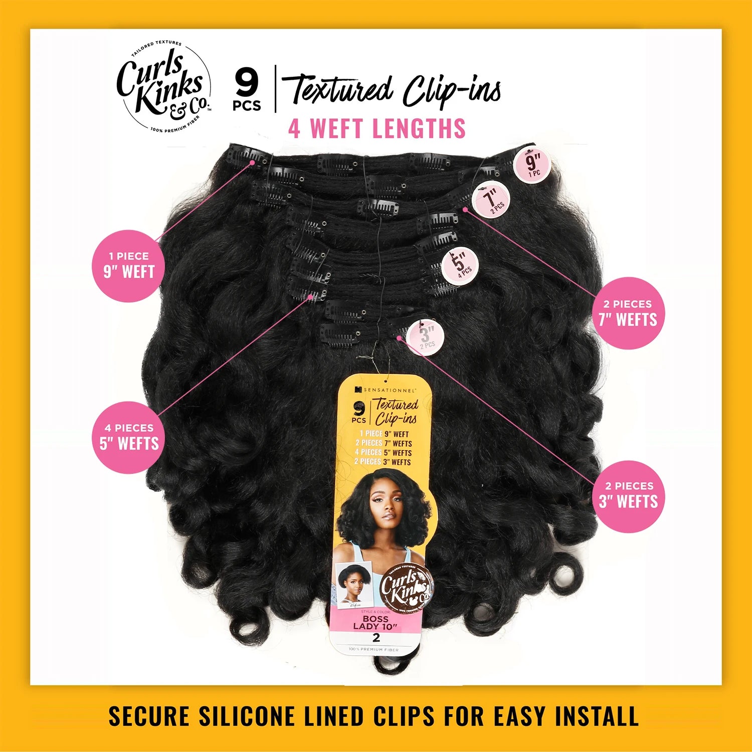 Sensationnel Textured Clip-Ins Weave Curls Kinks N Co Top Lady (Boss Lady) 10"(9Pcs) - Extensions, Easy to install, Kinky Hair