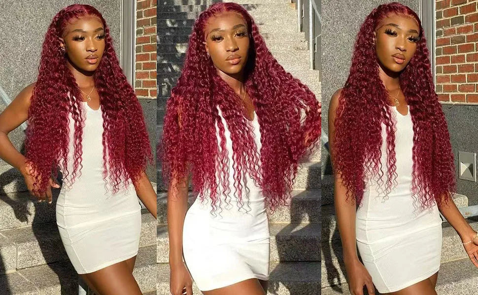 99J Deep Wave 180% Burgundy Curly Brazilian Red Colored Hair 13x4 13×6 HD Transparent Lace Front Human 34 Inches Remy Hair