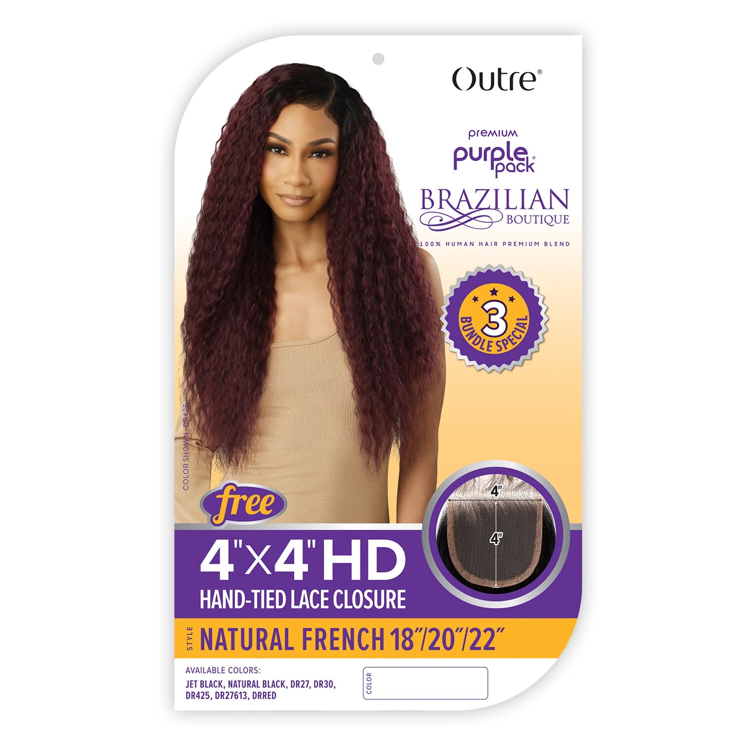 Outre Human Hair Blend Weave Premium Purple Pack Brazilian Boutique Natural French 18"20"22" with 4X4 HD Lace Closure