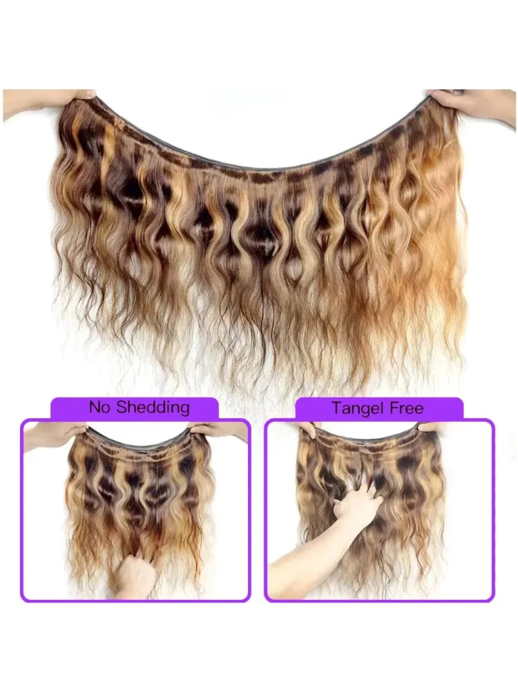 Body Wave Bundles Human Hair 4/27 Highlight Colored 3/4 Remy Human Hair Bundles 100% Brazilian Human Hair 13x4 HD Ombre Color