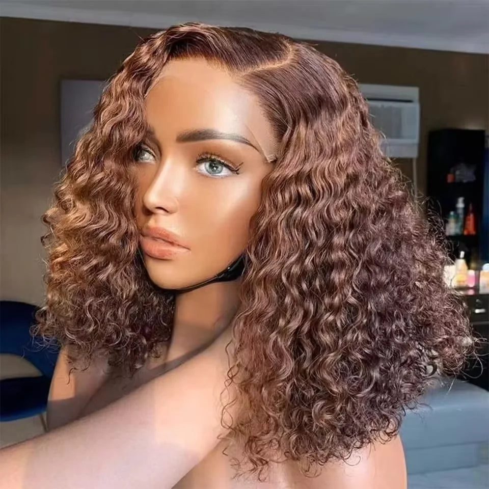 Brown Kinky Curly Bob Wig Deep Wave Frontal Wigs 13x4 HD Transparent Lace Frontal Wigs 00% Human Hair Brazilian Remy Hair
