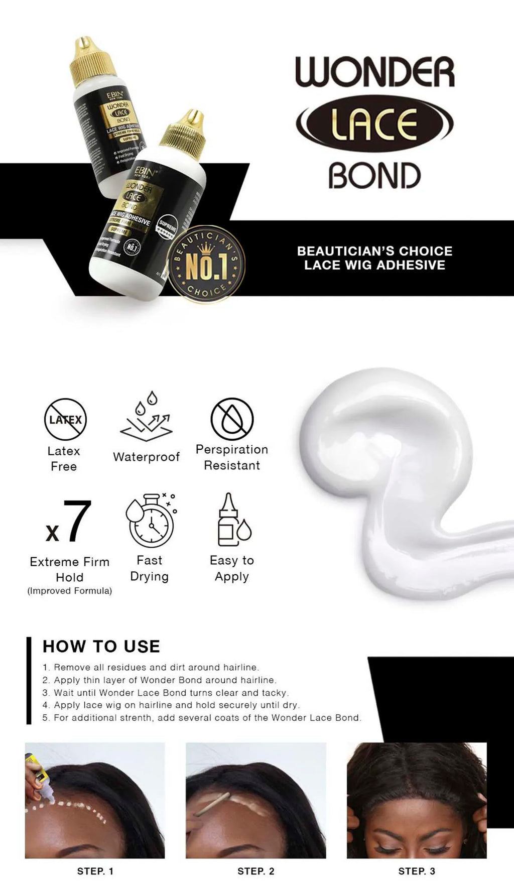 Ebin New York Wonder Lace Bond Lace Wig Adhesive Extreme Firm Hold Supreme 1.15oz - Ultra Strong, Ideal for Daily & All-Day Wear