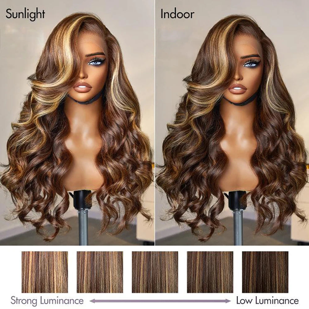 Ombre P4/27 Loose Body Wave Glueless Wig 13x4 Frontal Lace Wig 100% Human Hair Honey Blonde Highlight Wig 180% Density For Women