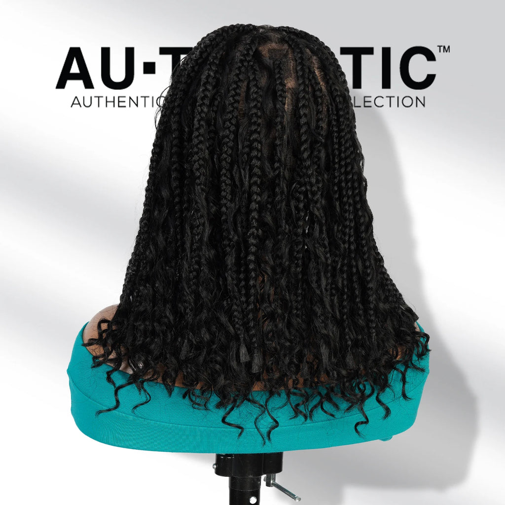 Authentic Glueless Full Lace Braided Wig Medium Knotless Boho Box Braid Spiral Curl Bob 1B 12" BW Unit9