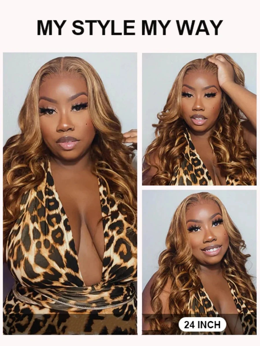 Pre Cut No Glue Glueless Wig Human Hair Ombre Color Highlight Body Wave 13x4 Lace Frontal Wigs 180% Density on Sale