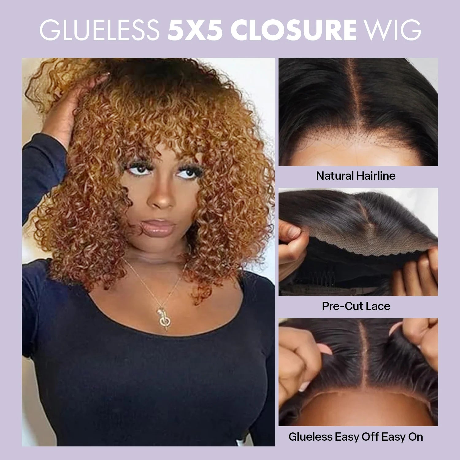 UpScale 100% Human Hair HD 5×5 Glueless wig Bohemian Curls Wigs with Bang 10"
