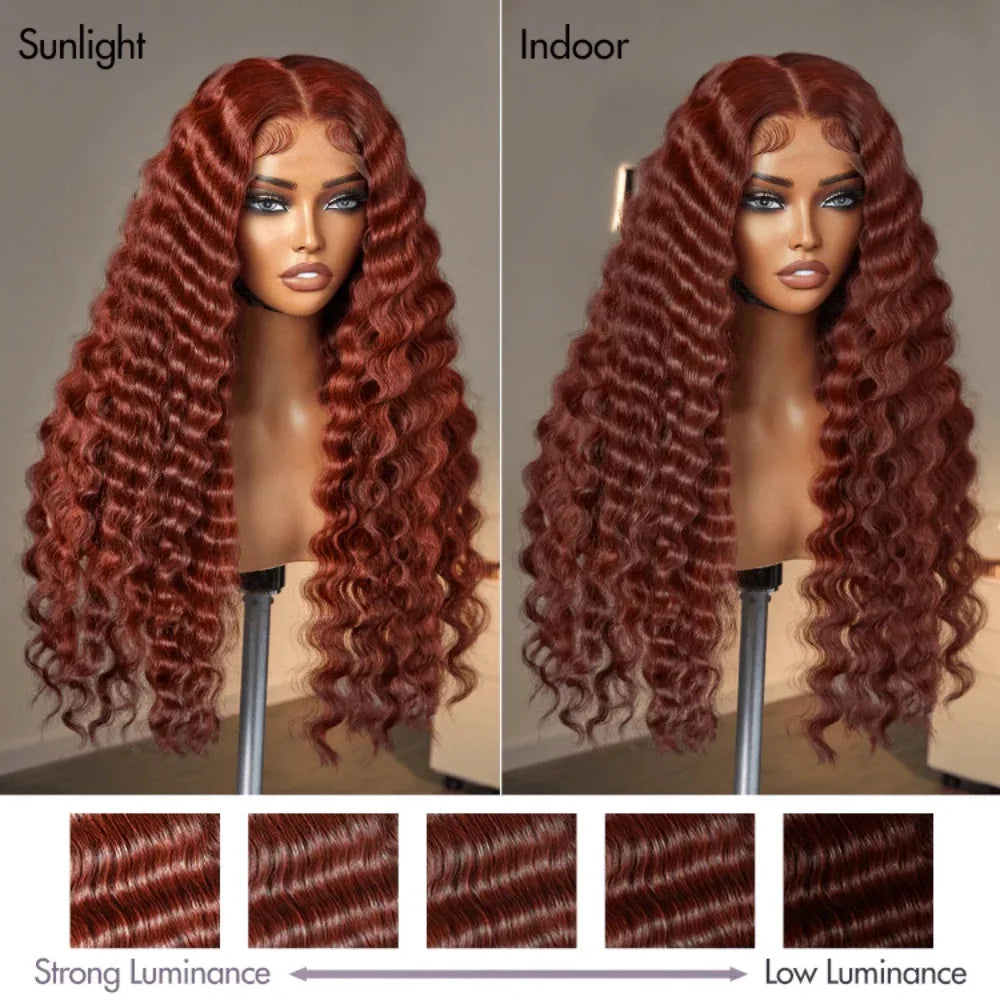 Glueless Reddish Brown Deep Wave Frontal Wig 250 Density Copper Red Curly 100% Brazilian Human Hair Wig 13x4 HD Lace Frontal Wig