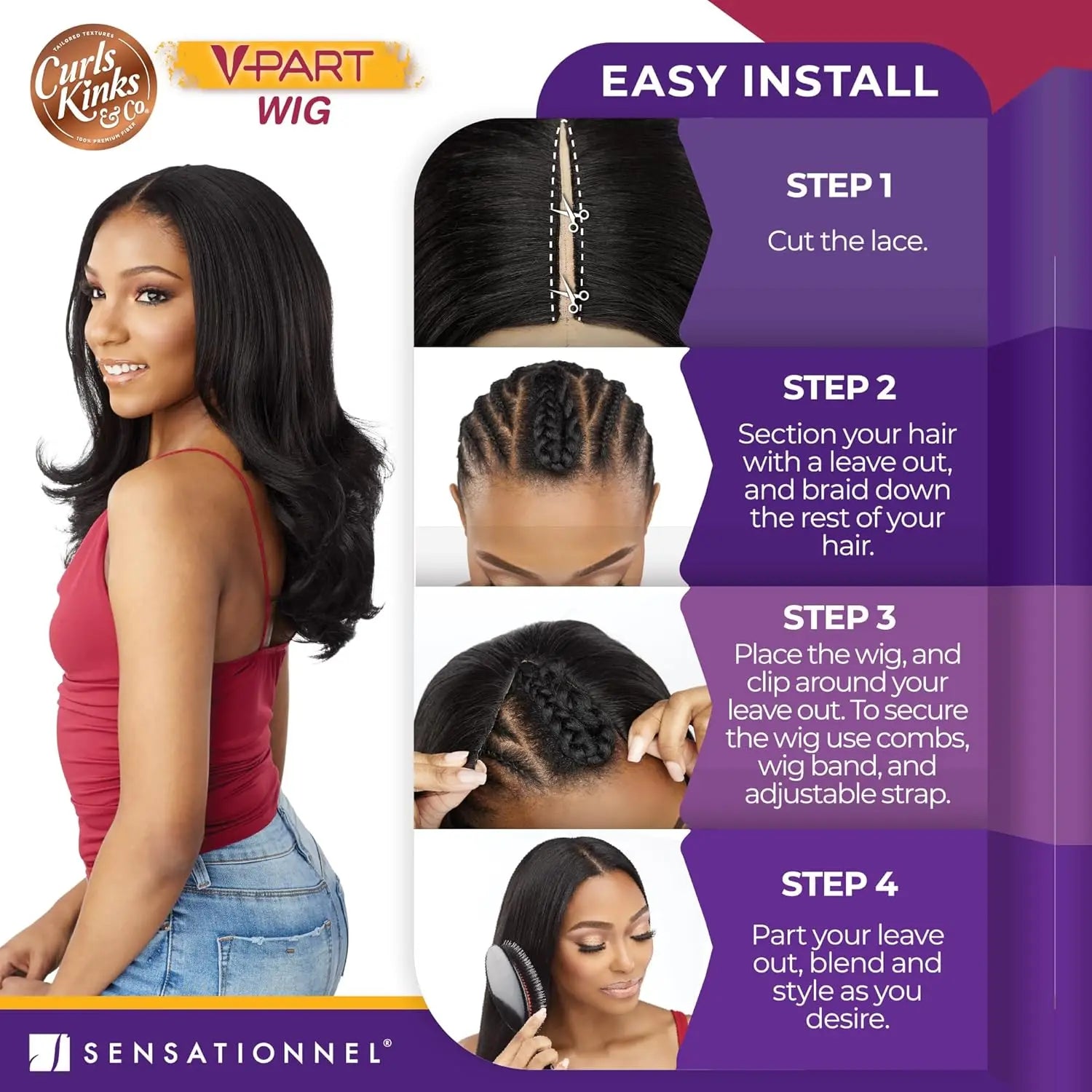 Sensationnel Curls Kinks N Co V-Part Wig Glueless V-Unit 3 – Glueless Design, Natural Curls, Easy Wear, Perfect Fit