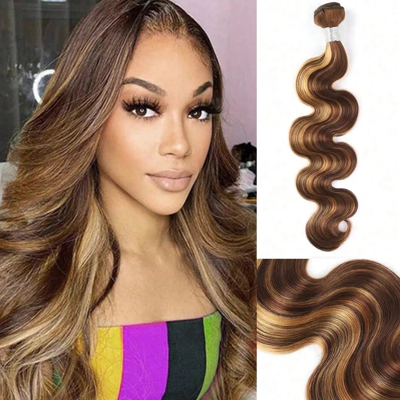 4/27 Color Human Hair Body Wave Highlight 3 Bundles Honey Blonde Highlight Body Wave 100% Human Hair Bundle Pre-Plucked