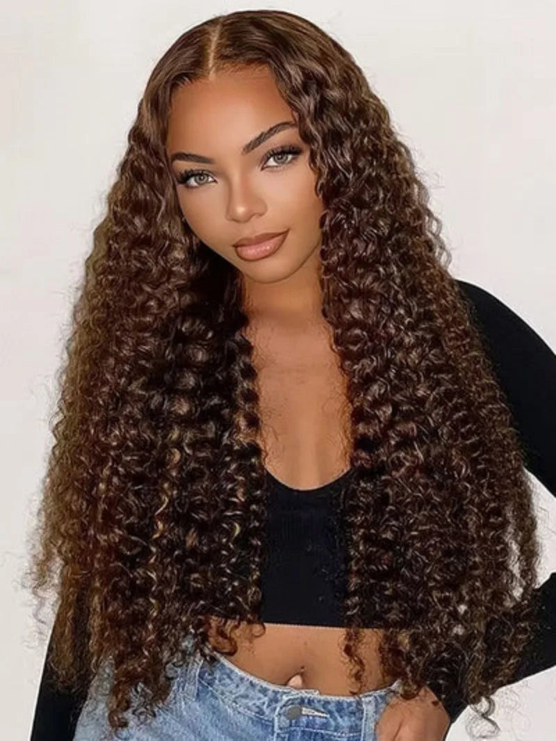 7x5 Glueless Curly Wig Ombre Brown Human Hair Honey Blonde Deep Wave Wig P4/27 Highlight HD Lace Front Wigs Human Hair 30 Inch