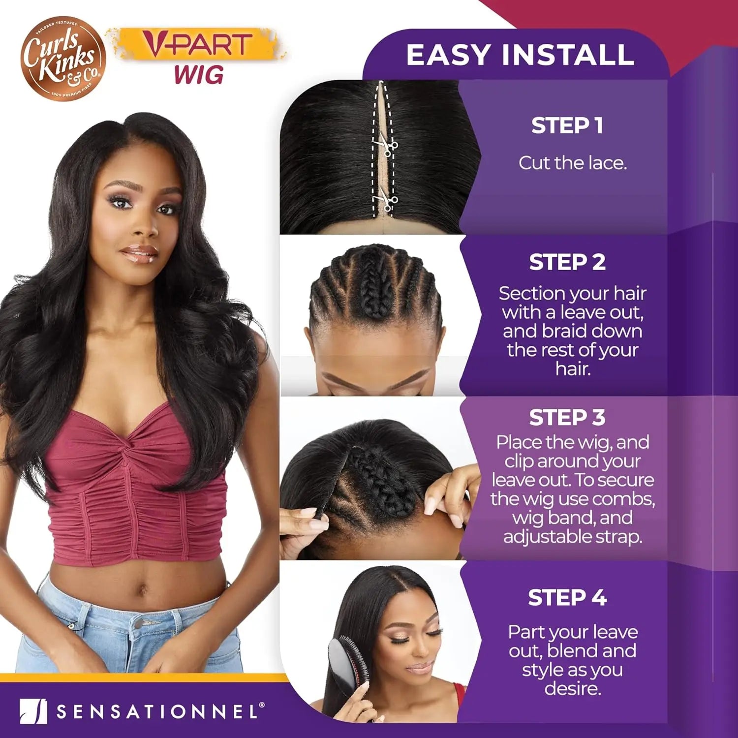 Sensationnel Curls Kinks N Co V-Part Wig Glueless V-Unit 2 – Glueless Design, Natural Curls, Easy Wear, Perfect Fit