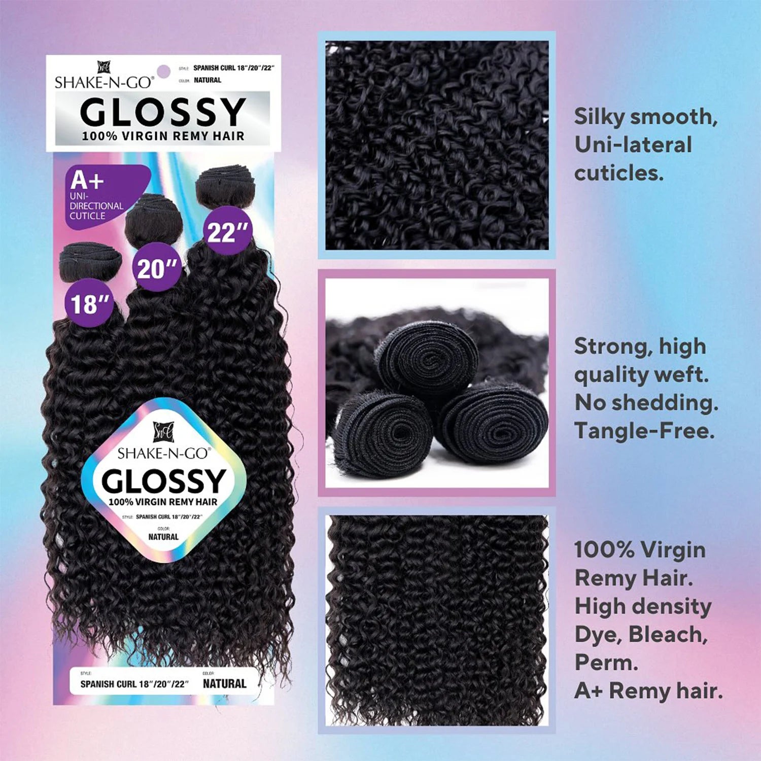 Shake-N-Go Glossy Virgin Remy Hair Weave 3 Bundles Spanish Curl – Soft, Shiny, Natural Look, Full Volume, Easy Styling
