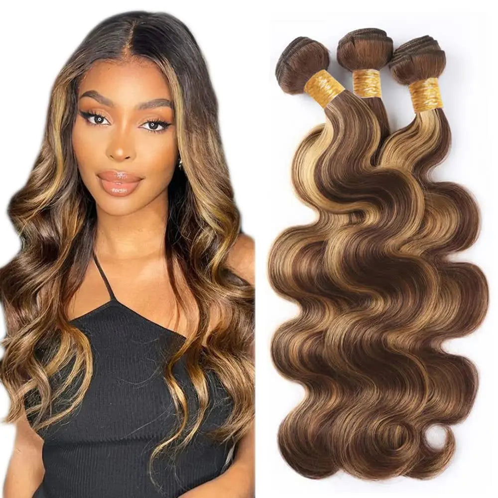 P4/27 Honey Brown Brazilian Hair Bundles Human Hair 30 32 Inch Highlight Body Wave Bundle 100% Brazilian Human Hair For Women