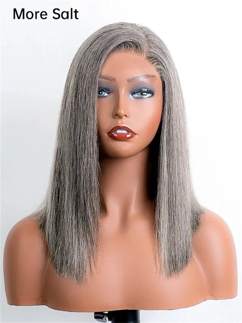 13x4 HD Transparent Pepper Gray Beginner Friendly Straight Lace Front Wigs 250 Density Glueless Straight Wig 100% Human Hair Wig