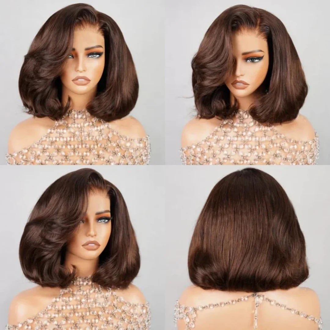 #4 Chocolate Brown 9x6 Lace Closure Bob Wig Human Hair Glueless Brown Natural Bob Short Water Wave Lace Front Wigs 300% Density