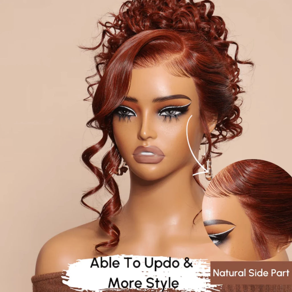 Glueless Reddish Brown Deep Wave Frontal Wig 250 Density Copper Red Curly 100% Brazilian Human Hair Wig 13x4 HD Lace Frontal Wig