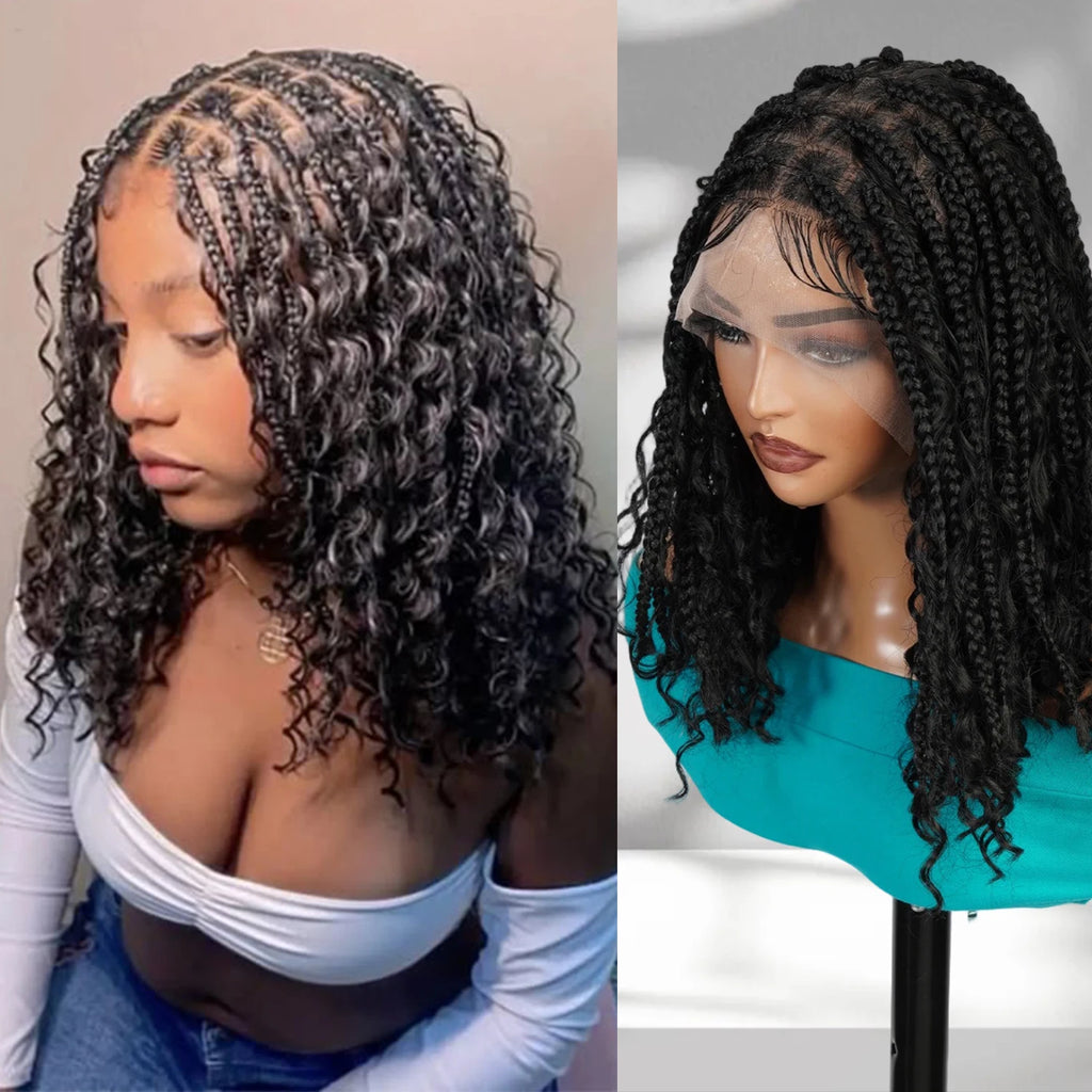 Authentic Glueless Full Lace Braided Wig Medium Knotless Boho Box Braid Spiral Curl Bob 1B 12" BW Unit9