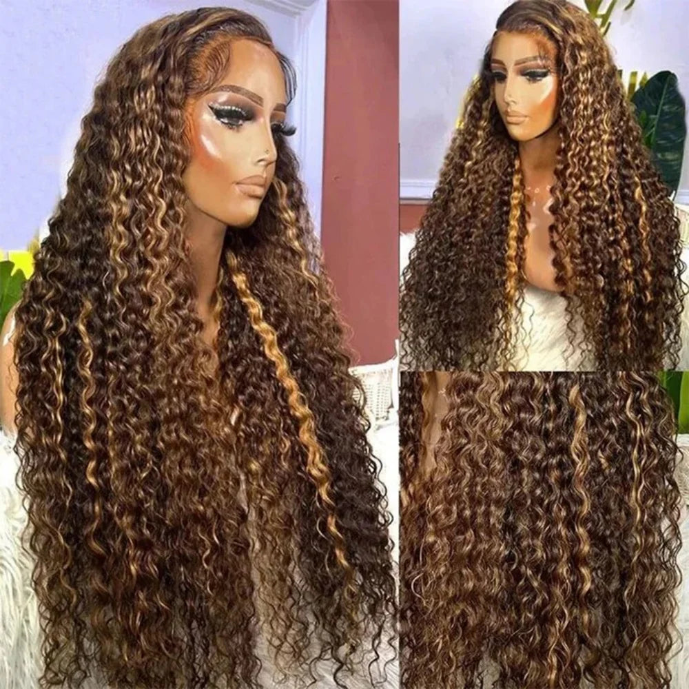 7x5 Glueless Curly Wig Ombre Brown Human Hair Honey Blonde Deep Wave Wig P4/27 Highlight HD Lace Front Wigs Human Hair 30 Inch