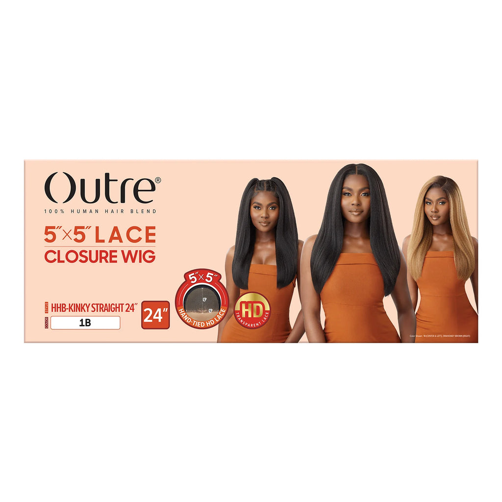 Outre Human Hair Blend Glueless HD 5X5 Lace Closure Wig Kinky Straight 24" - Long, Natural Curl Style Added, Premium Quality