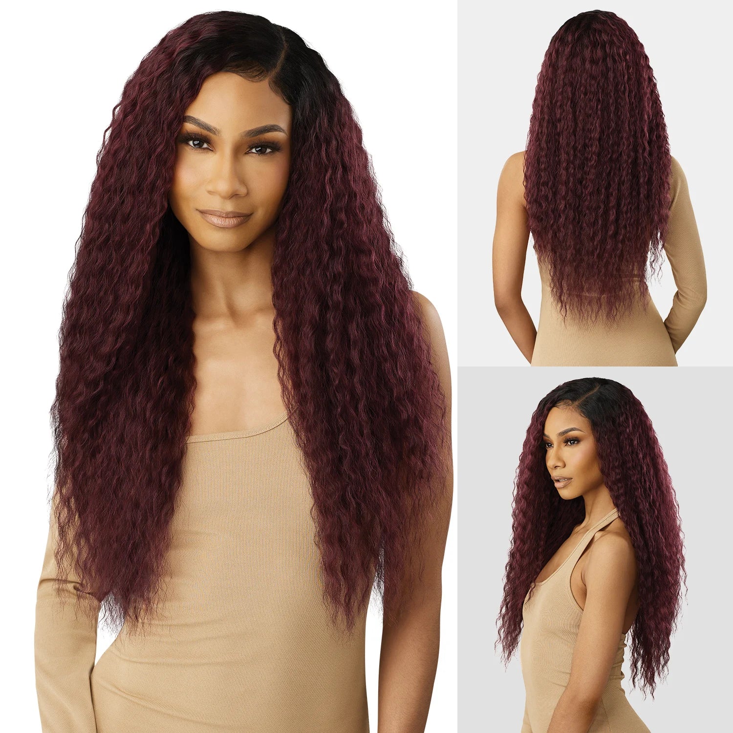 Outre Human Hair Blend Weave Premium Purple Pack Brazilian Boutique Natural French 18"20"22" with 4X4 HD Lace Closure