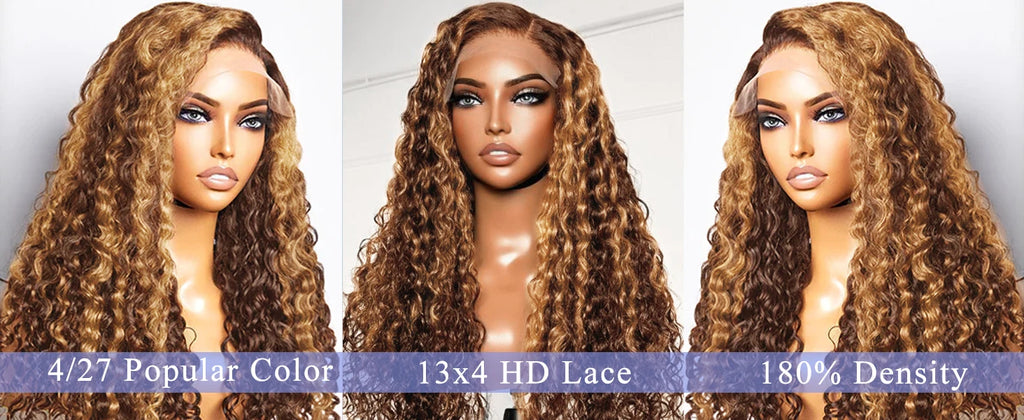 4/27 Highlight Ombre Deep Wave HD Lace Front Wigs Water Curly 30 40 Inch Brown 13x6 Color Lace Frontal Human Hair Wig Brazilian