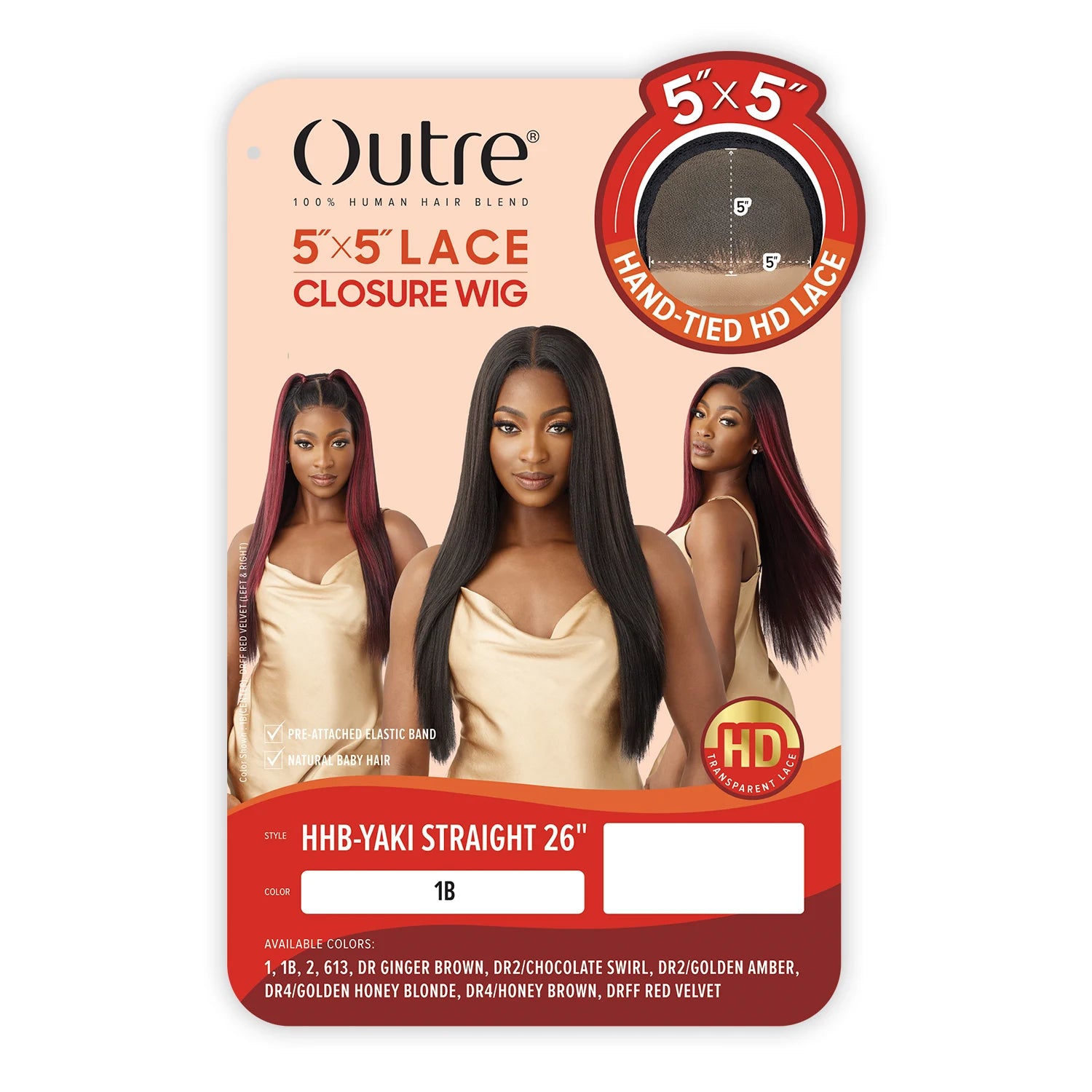 Outre Human Hair Blend Glueless HD 5X5 Lace Closure Synthetic Wig Yaki Straight 26"