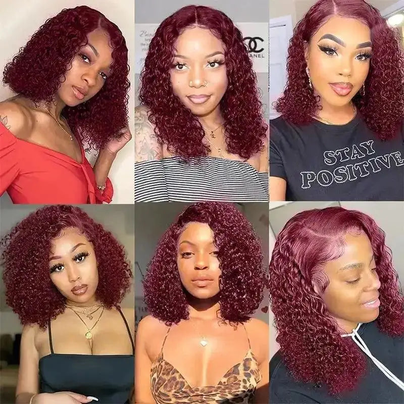 Wear And Go 99J Burgundy Color 13x4 Lace Glueless Kinky Curly Bob Wig Short  Wine Red Bob Wig Pre Plucked 180% Density