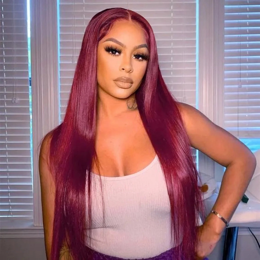 Glueless Wig Human Hair Ready to wear 13x4 Straight 99J Burgundy Red Colored Wigs 7x5 Glueless Brazilian Pre plucked Human Hair