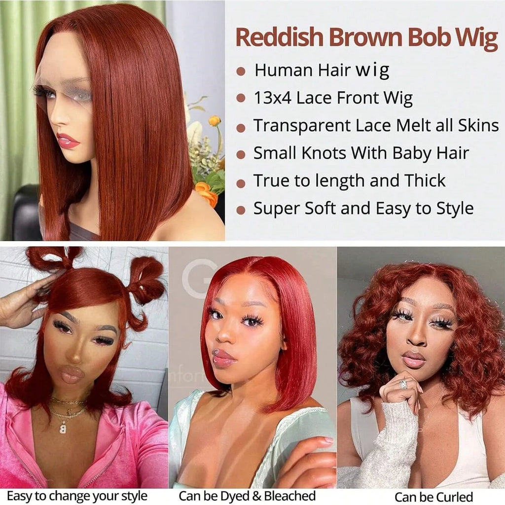 Reddish Brown Glueless Bob Wig Human Hair Straight Bob Wig 180% Density Upgrade 7×5 Glueless Hd Lace Closure Bob Wig Brown #33