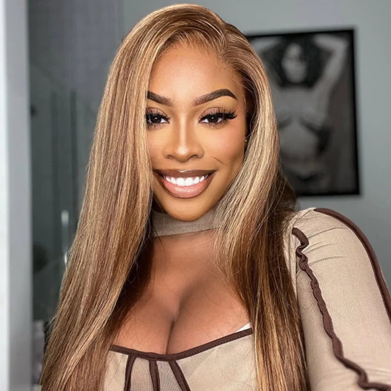 Wear and Go 4/27 Blonde Ombre Lace Front Wig Human Hair 13x4 HD Lace Wig 180% Density Straight Ombre Highlight Lace Front Wig