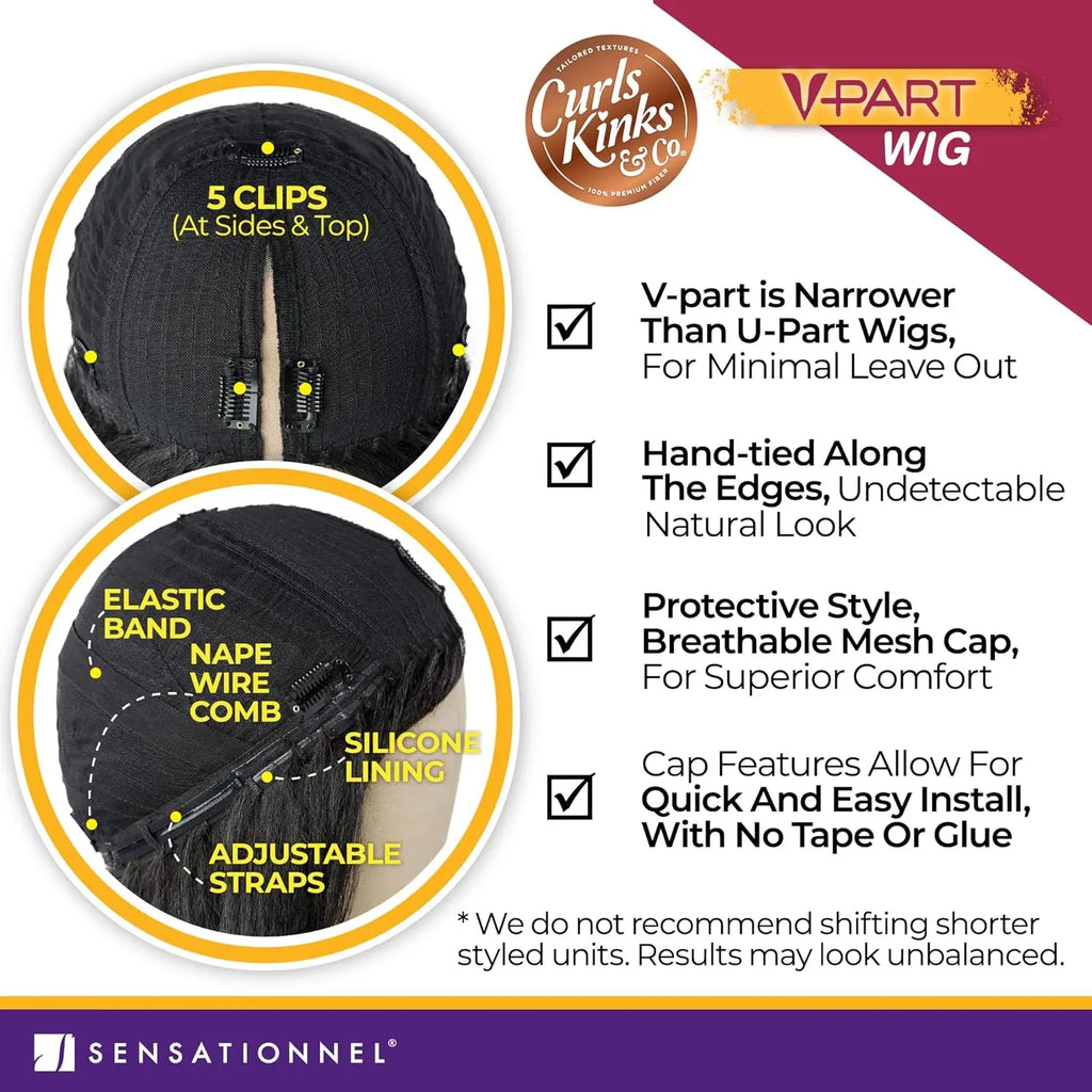 Sensationnel Curls Kinks N Co V-Part Wig Glueless V-Unit 3 – Glueless Design, Natural Curls, Easy Wear, Perfect Fit