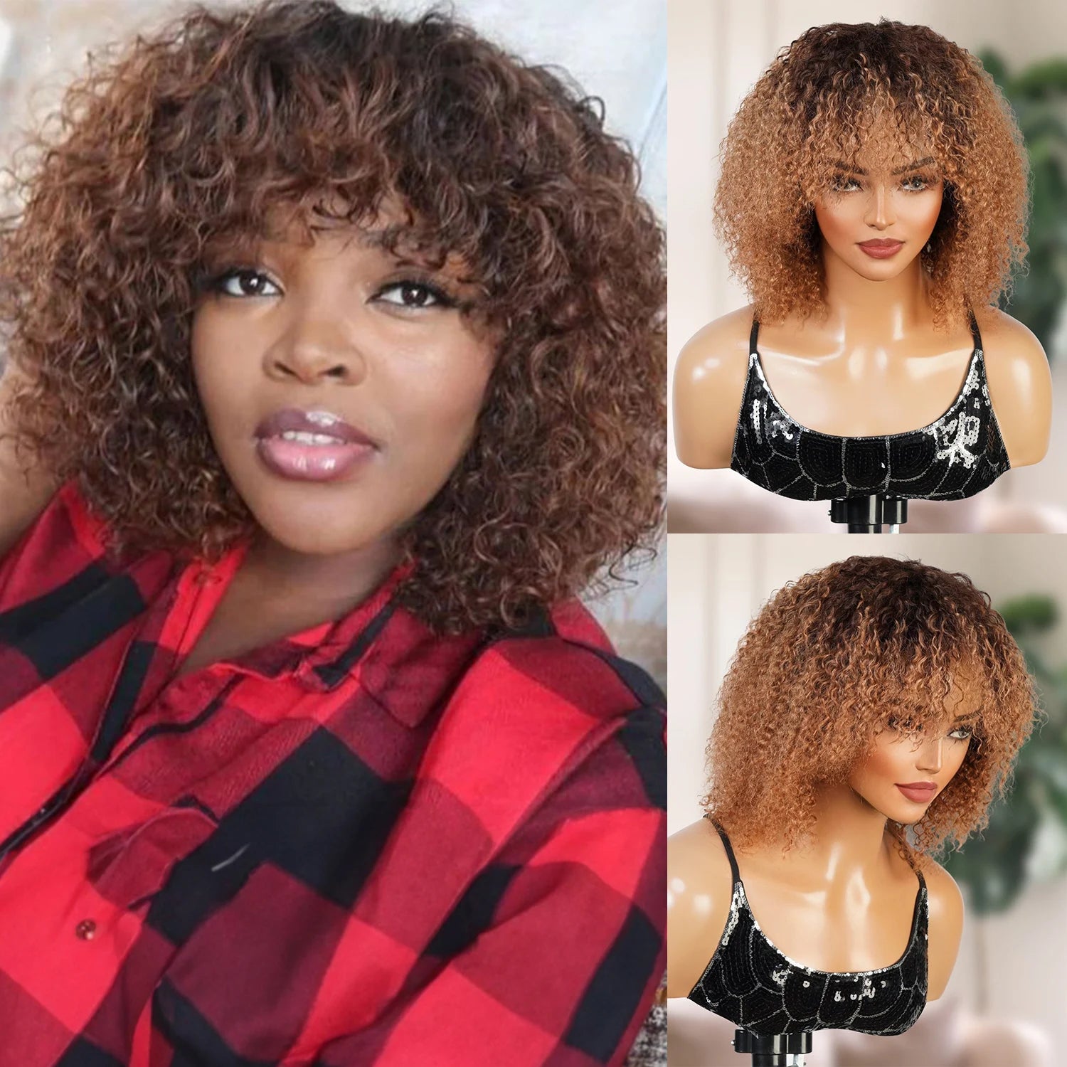 UpScale 100% Human Hair HD 5×5 Glueless wig Bohemian Curls Wigs with Bang 10"