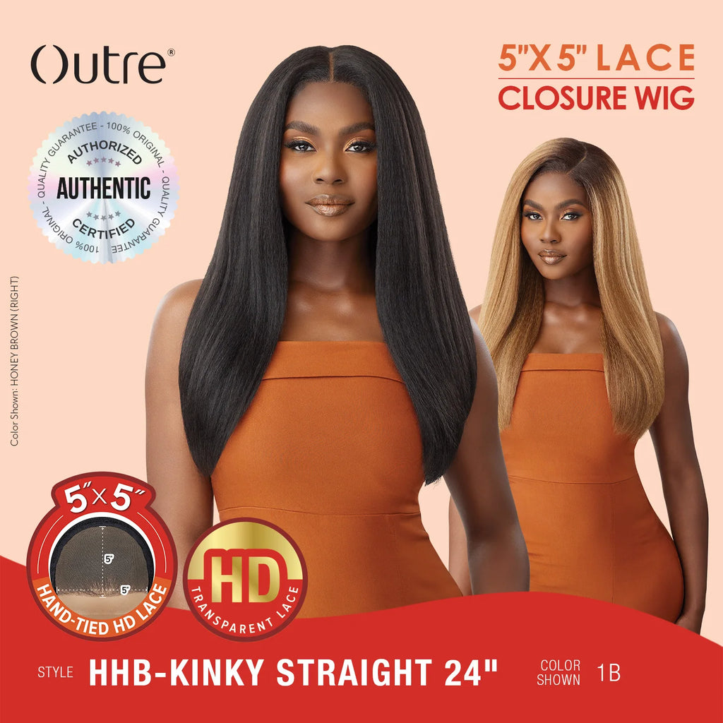 Outre Human Hair Blend Glueless HD 5X5 Lace Closure Wig Kinky Straight 24" - Long, Natural Curl Style Added, Premium Quality